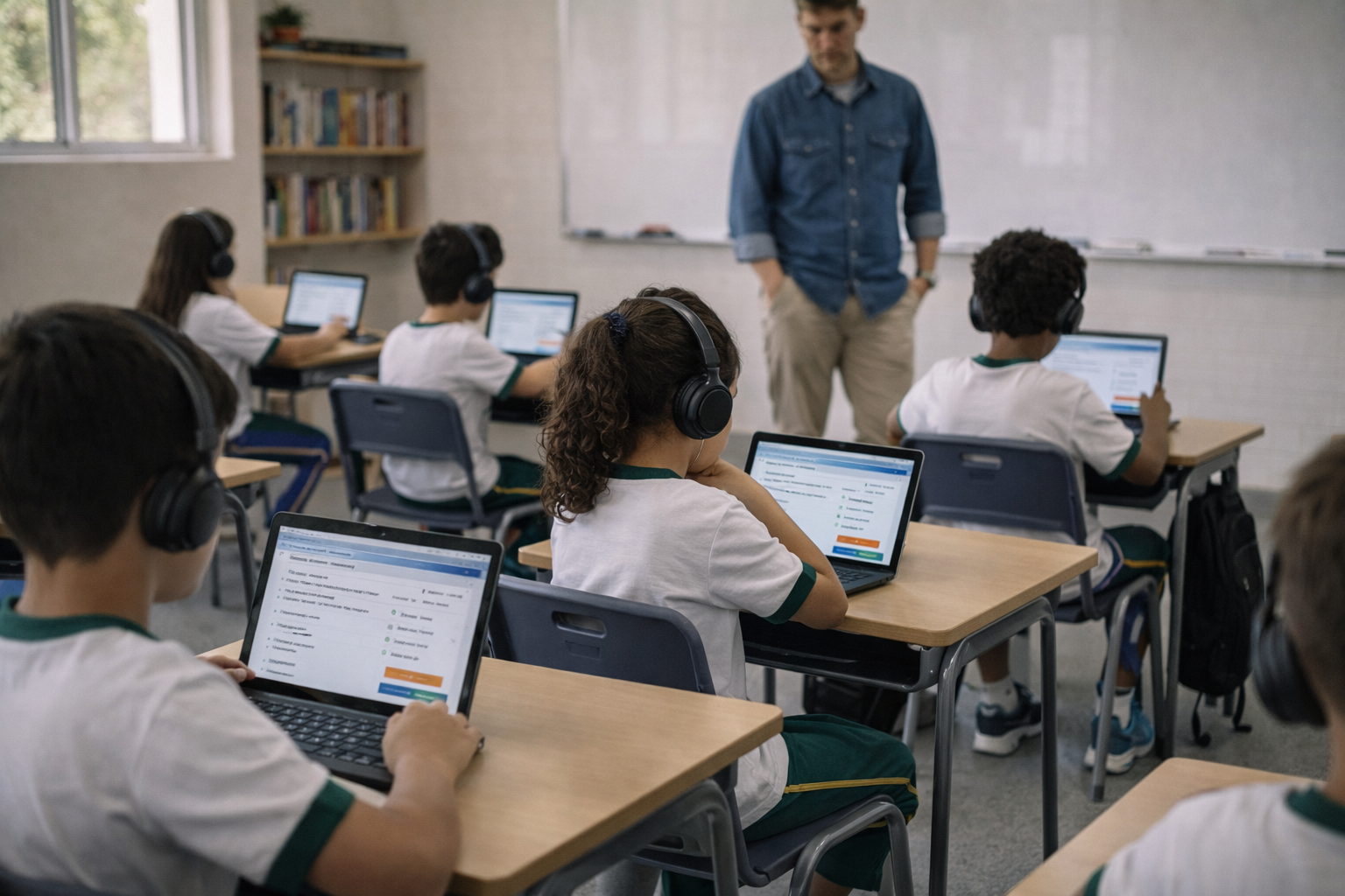 Alunos realizando avaliação diagnóstica digital com acompanhamento do professor