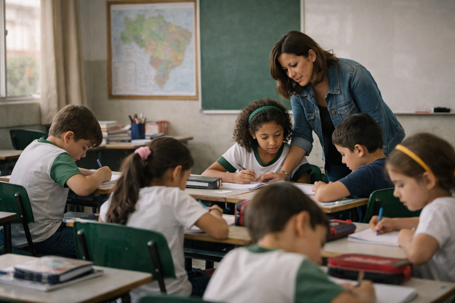 Professora acompanhando alunos em atividade dentro da sala de aula